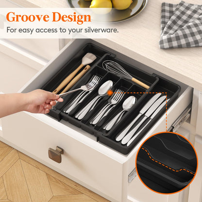 Lifewit Silverware Drawer Organizer, Expandable Utensil Tray for Kitchen, BPA Free Flatware and Cutlery Holder, Adjustable Plastic Storage for Spoons Forks Knives, 8.5"-14.1" x 12.1", Black