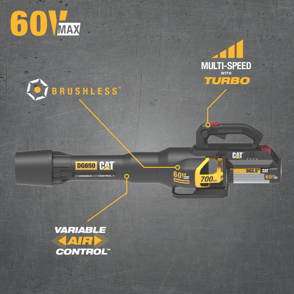 Cat DG650.9 60V 700 CFM 135 MPH Leaf Blower Cordless, Adjustable Speed Blowers for Lawn Care, Lightweight Cordless Leaf Blower with Variable Air Control – Tool Only