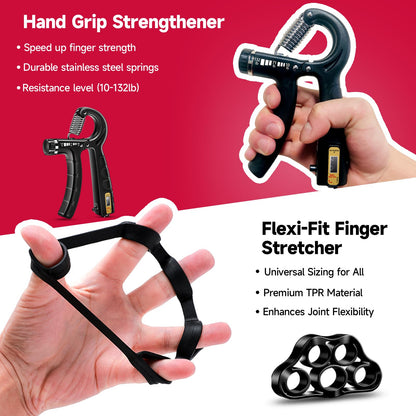 FitBeast Hand Grip Strengthener Workout Kit (5 Pack) - 2 Forearm Adjustable Resistance Grippers, Finger Stretcher, Ring & Stress Relief Ball for Athletes (Black)