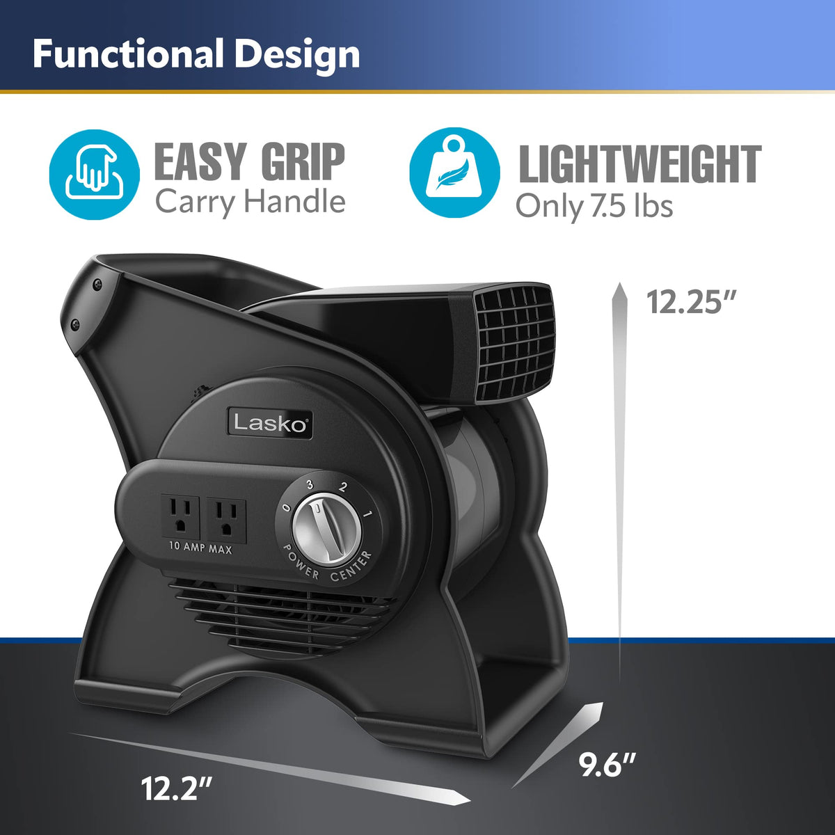 Lasko 12” Utility Fan for Job Site or Home Use, 289 CFM, Pivoting High Velocity Blower Fans, 3 Speeds, 2 Accessory Outlets 120V, Black, U12104