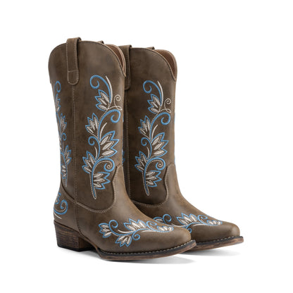 DREAM PAIRS Women's Cowboy Cowgirl Western Mid Calf Boots Square Toe Embroidered Stitched Pull On Country Boots with Low Chunky Heel,Size 9,Dark Brown,SDMB26002W