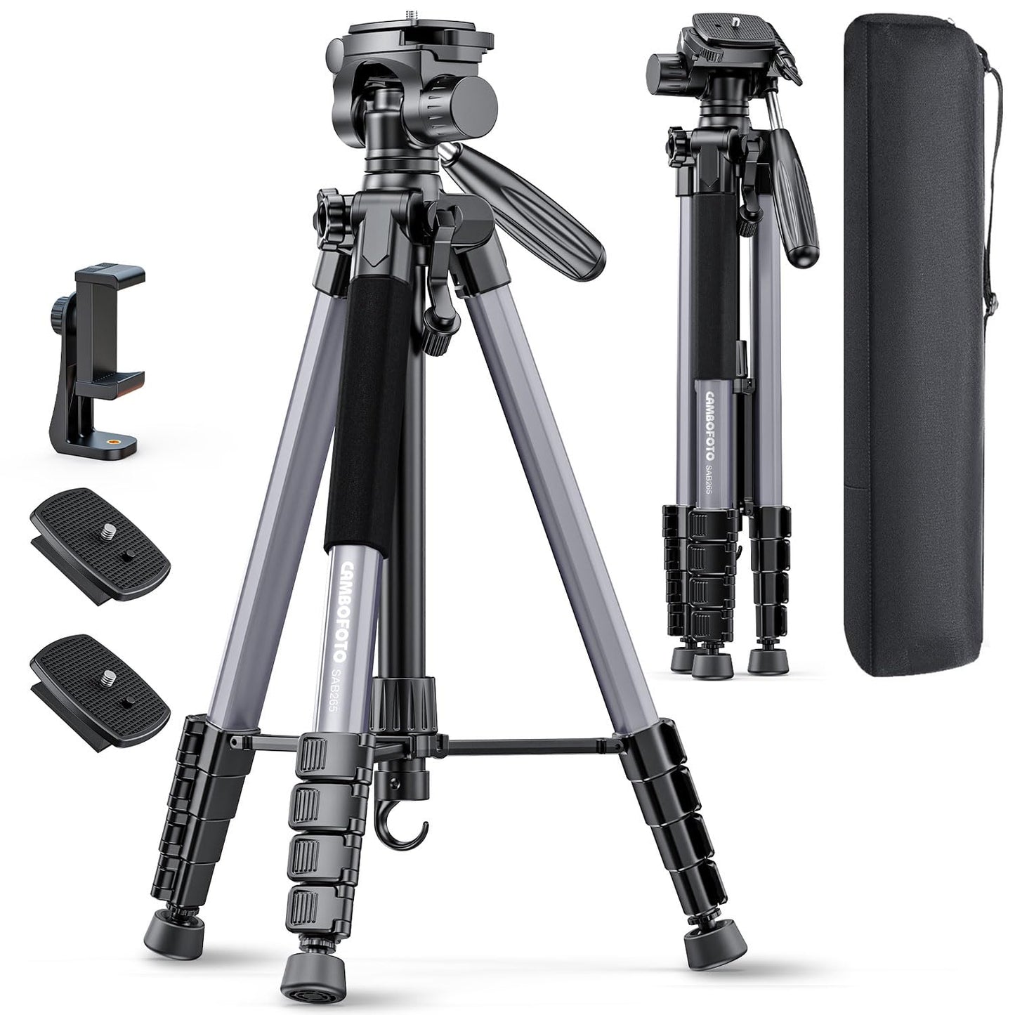 CAMBOFOTO 74"-Camera-Tripod, Gray Professional Aluminum Tripod Stand and Leg for Mirrorless Camera/DSLR/Cell Phone/Camcorder/GoPro, with Phone Holder and Travel Bag (Gunmetal Gray)