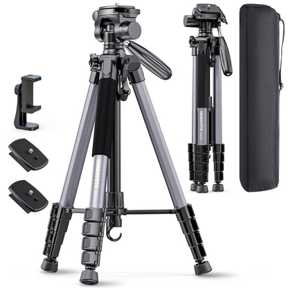 CAMBOFOTO 74"-Camera-Tripod, Gray Professional Aluminum Tripod Stand and Leg for Mirrorless Camera/DSLR/Cell Phone/Camcorder/GoPro, with Phone Holder and Travel Bag (Gunmetal Gray)