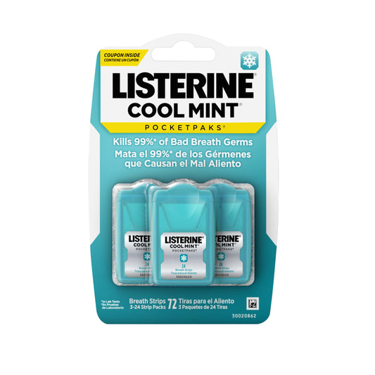 Listerine PocketPaks Cool Mint Breath Strips, Portable Pocket-Sized Oral Care Mouth Freshener, Dissolving Strips Kill 99% of Bad Breath Germs, Sugar Free, 3 x 24-Strip Packs