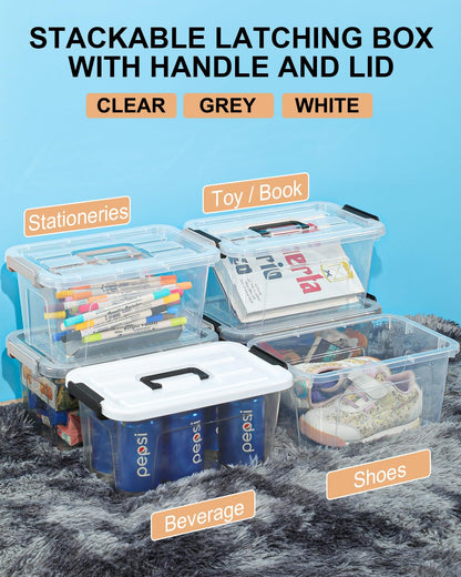AREYZIN Plastic Storage Bins With Lids,6 Pack Storage Organizer Bins,7 Quart Stackable Storage container with Lid and Gray Handle Buckle Easy for Home Office Organization, with White Lids