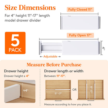 Lifewit 5 Pack 4" High Drawer Dividers 28-43.5cm/11-17" Adjustable Drawer Organizer for Clothes/Utensils, Expandable Drawer Separator in Dresser/Kitchen/Bedroom/Office Organization & Storage White