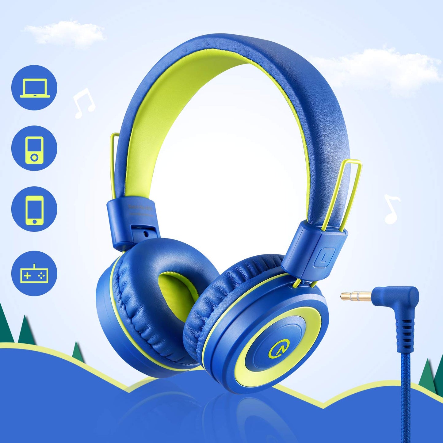noot products Kids Headphones with Microphone K12 Stereo 5ft Long Cord with 85dB/94dB Volume Limit Wired On-Ear Headset for iPad/Amazon Kindle,Fire/Toddler/Boys/Girls/School(Blue/Lime)