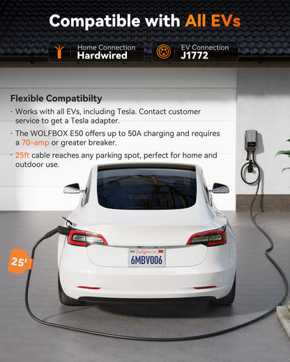 WOLFBOX Level 2 EV Charger 50 Amp - Smart Display, RFID Card, 25ft Cable, Outdoor/Indoor, Hardwired EV Charger Level 2, WiFi Enabled Electric Car Charger, 240V Electric Vehicle Charging Stations