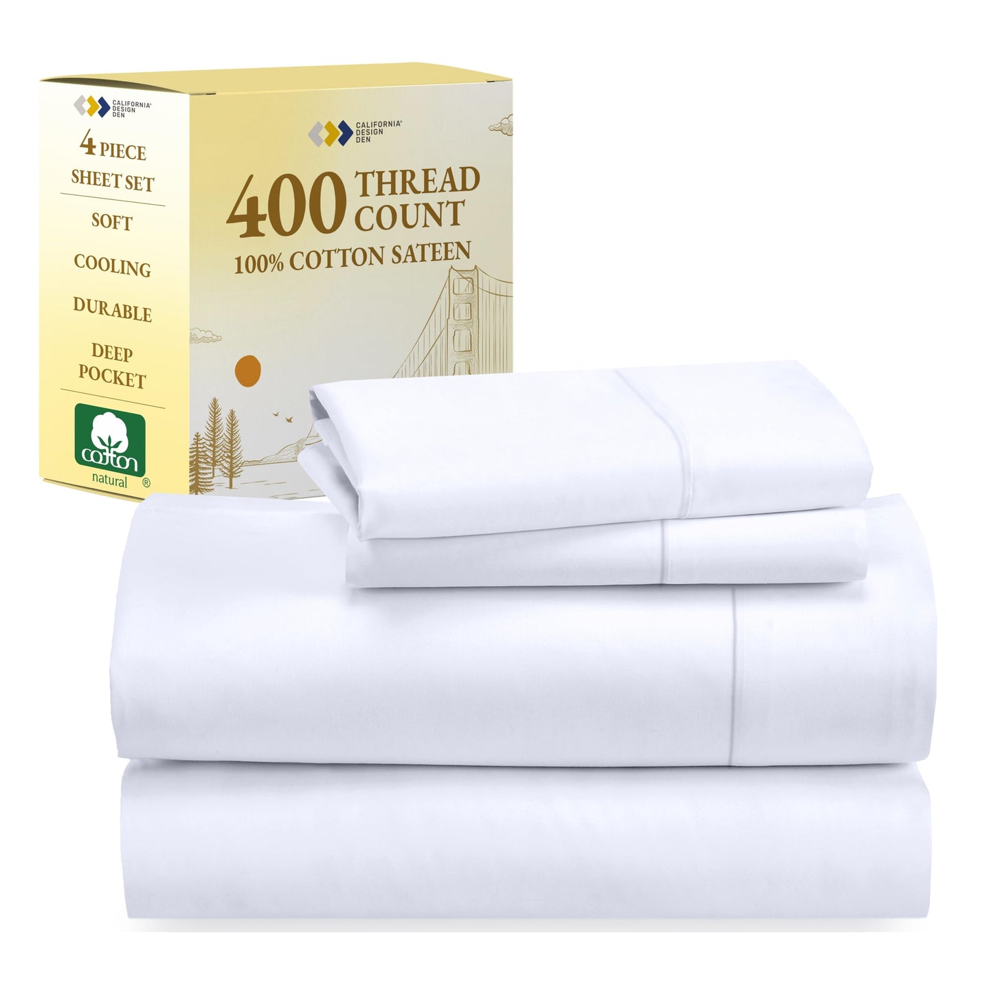 California Design Den 100% Cotton Sheets - 400 Thread Count Sateen Bed Sheets Queen Size Bed Set with Deep Pockets, Cool and Durable Bedding Set - White