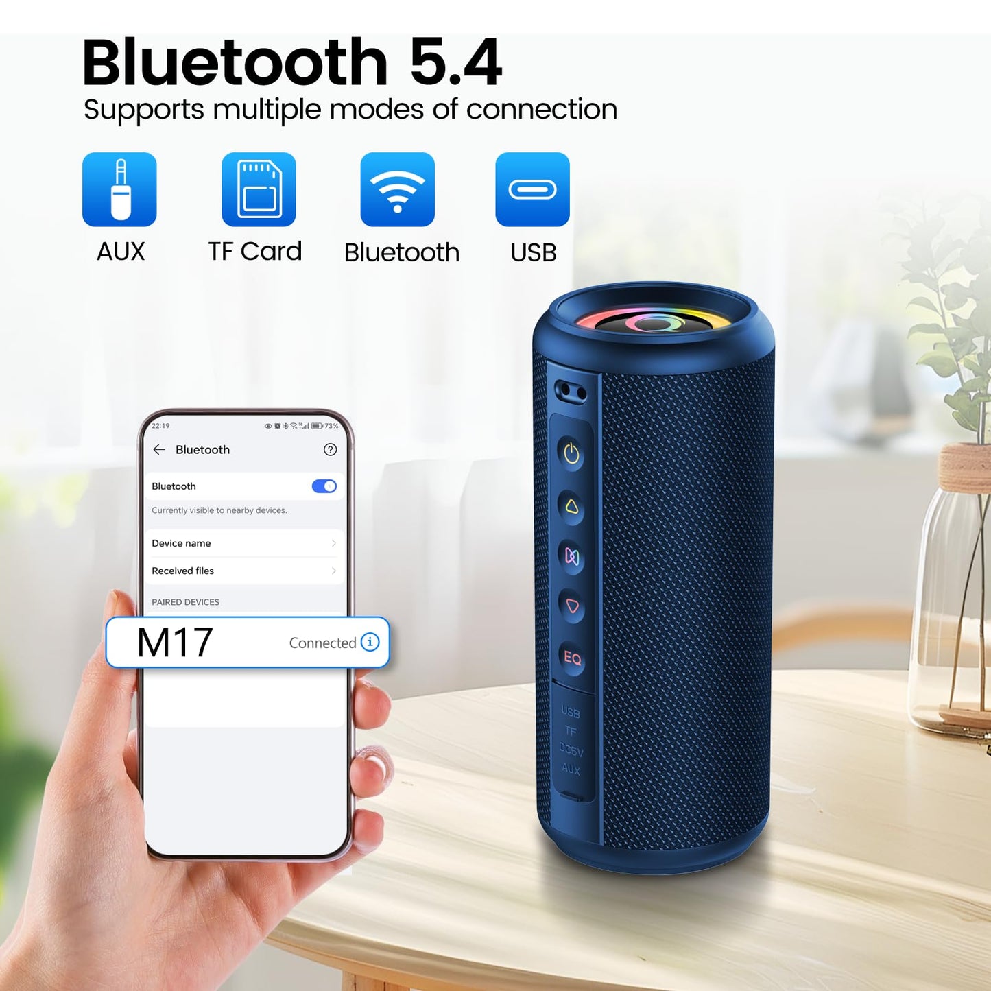 Portable Bluetooth Speaker, 2026 Bluetooth 5.4 Wireless Speaker with 20W HD Loud Stereo Sound, 20H Playtime, LED Lights, IP7, TWS Pairing, Built-in Mic, for Outdoor, Home, Beach, Party, Gift, Blue
