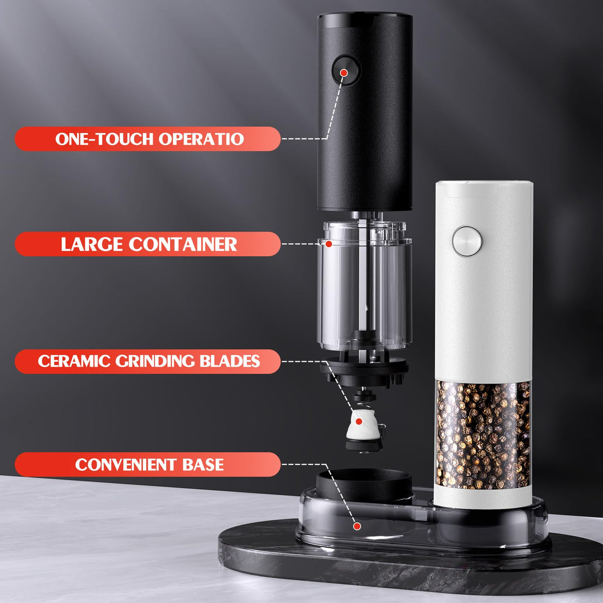 Electric Salt and Pepper Grinder Set Automatic Battery Pepper Mill Shakers Adjustable Coarseness Easy Filling Upgraded Larger Capacity with Led (2 Pack Black/White）
