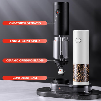 Electric Salt and Pepper Grinder Set Automatic Battery Pepper Mill Shakers Adjustable Coarseness Easy Filling Upgraded Larger Capacity with Led (2 Pack Black/White）
