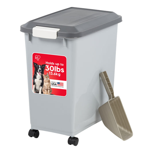 IRIS USA Dog Food Storage Container with Wheels, Airtight Lid, 2-Cup Scoop, Up to 30 Pounds Pet Food Storage, Built in Scoop Storage in Lid, Versatile Pet Food Bin, Portable, BPA Free, Gray/Dark Gray