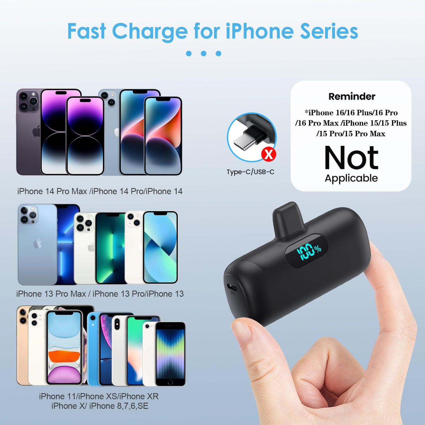 Mini Portable Charger for iPhone,Upgraded 5000mAh PD Fast Charging Battery Pack,LCD Display Cute Power Bank Portable Phone Charger for iPhone 14/14 Pro Max/13/13 Pro/12 Pro/11/XS/XR/X/8/7/6-Black