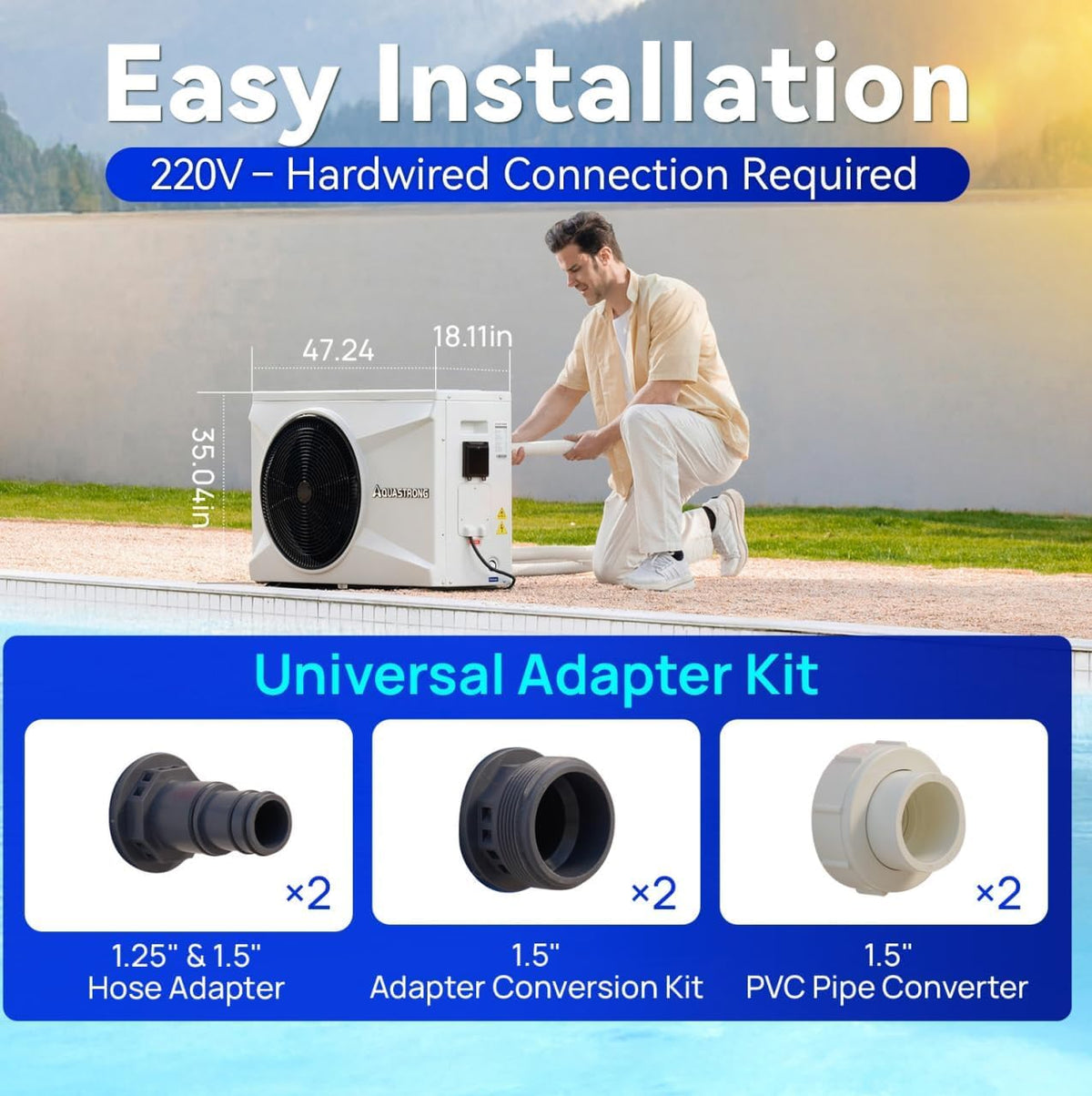 Aquastrong Inverter Swimming Pool Heat Pump, 100,000 BTU 26,000 Gallons Electric Pool Heater for Above Ground and Inground Pool, WiFi Capable Timer, Heating and Cooling Pool Heater 220V