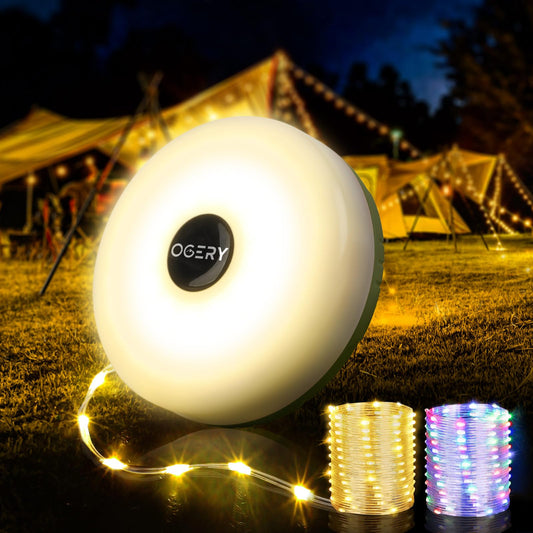 OGERY Camping String Lights, 4 in 1 Quick Storage 32.8FT Rechargeable Tent Lights String with 8 Lighting Modes, Hanging Waterproof Portable LED Lamp for Outdoor Patio Awning Garden Party Essentials