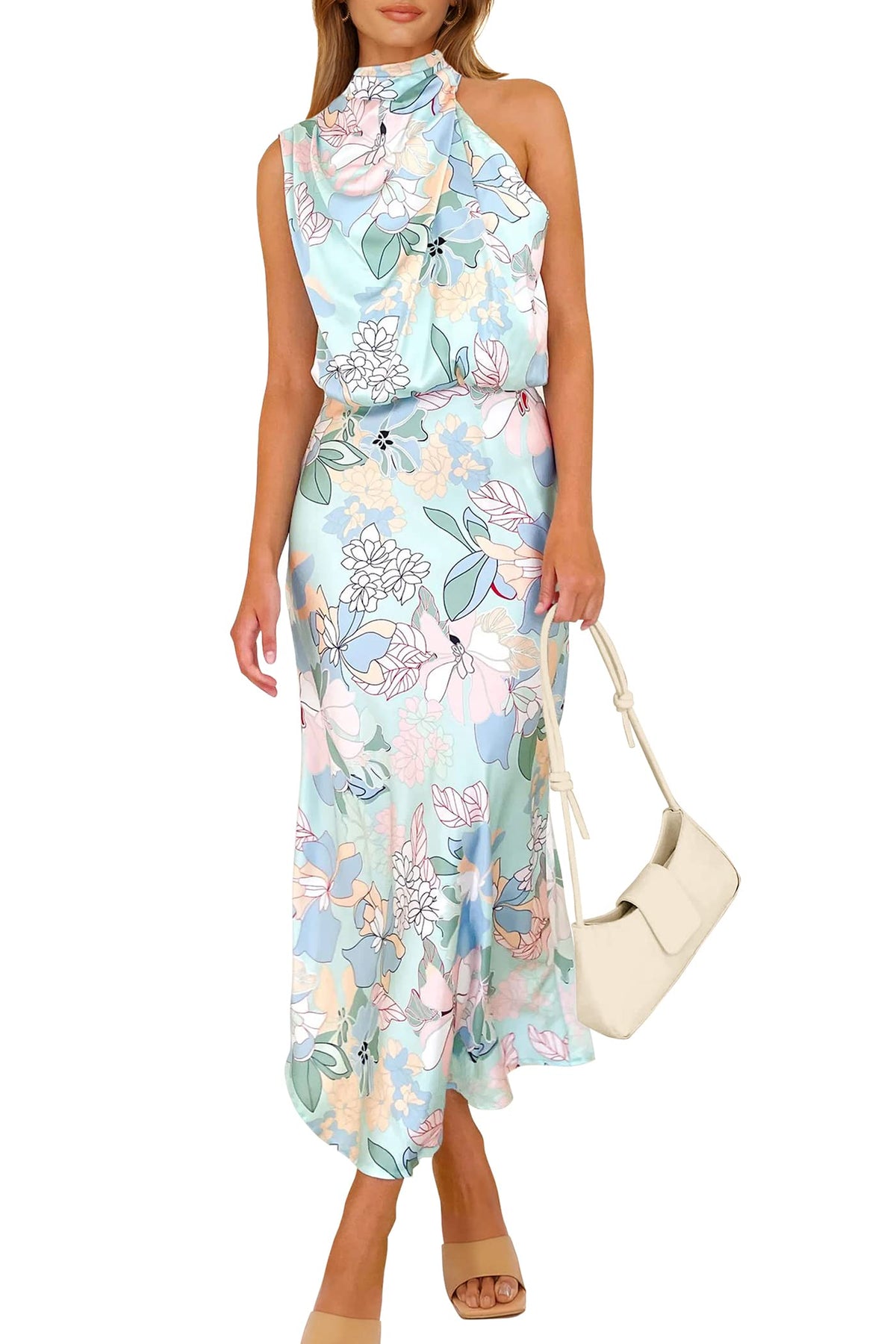 PRETTYGARDEN Women's 2025 Summer Satin Dress Elegant Sleeveless Mock Neck Cocktail Party Maxi Dresses (Print Blue,Large)