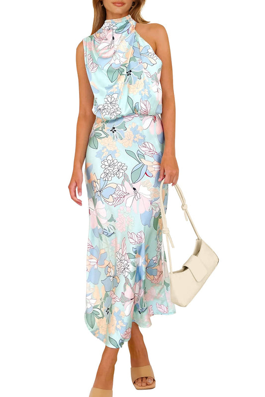 PRETTYGARDEN Women's 2025 Summer Satin Dress Elegant Sleeveless Mock Neck Cocktail Party Maxi Dresses (Print Blue,Large)
