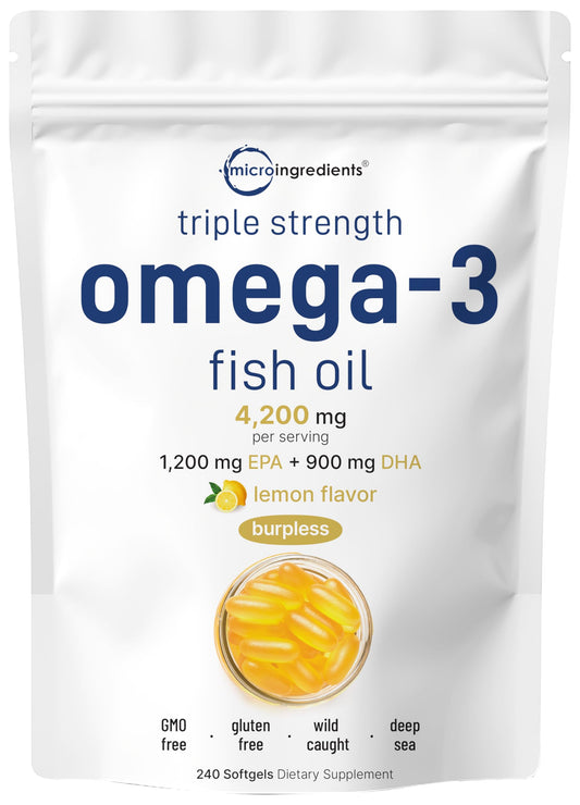 Triple Strength Omega 3 Fish Oil Supplements 4200mg Per Serving, 240 Softgels – Lemon Flavored – Burpless (Enteric-Coated) | EPA 1200mg + DHA 900mg | Deep Sea Fish, Wild Caught from Norwegian Waters