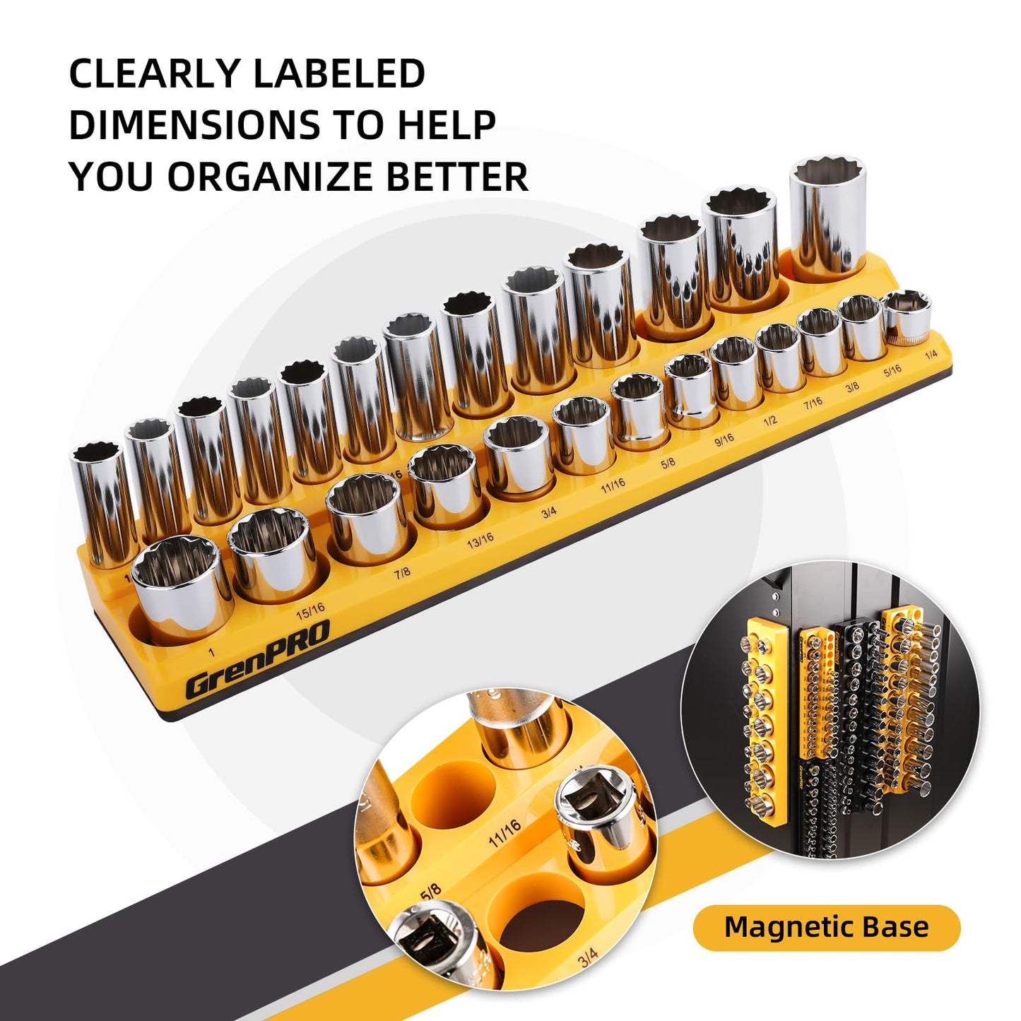 GRENPRO Socket Organizer for Tool Box Drawer, 6pc 143 Metric & SAE Magnetic Socket Holder, 1/4", 3/8", 1/2" Drive Socket Tray Set, Magnetic Socket Organizer