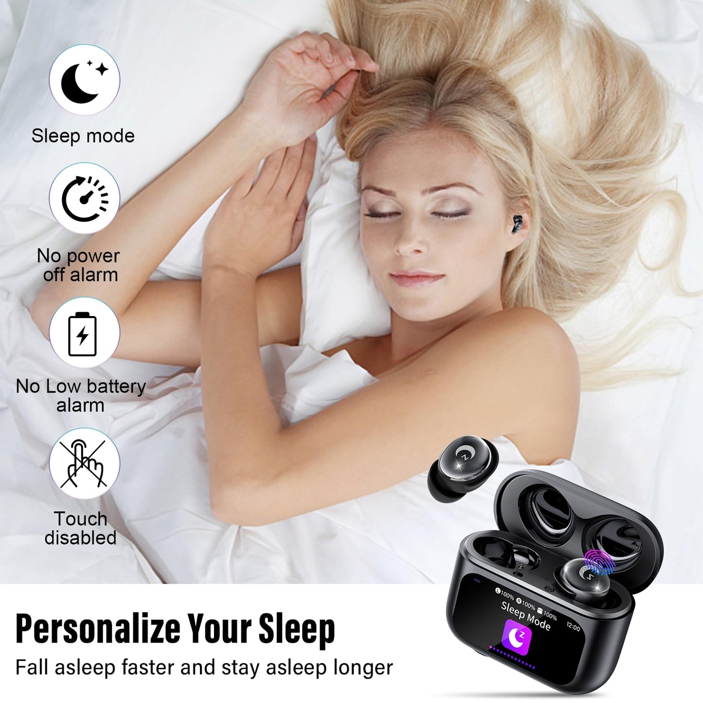 VEKJ Sleep Earbuds, Bluetooth 5.4 in Ear Smart Touch Screen Earbuds, 48H Mini Sleep Headphones Small Design for Side Sleepers, Crystal-Clear Calls Ear Buds, 5 EQ Modes, IPX7 Waterproof Earphones Black
