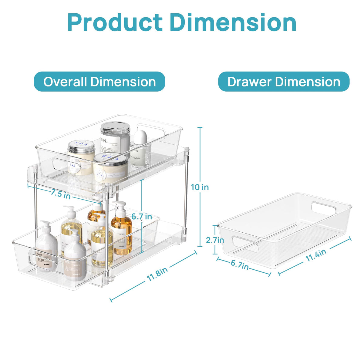Vtopmart 2 Tier Bathroom Storage Organizer, 2 Pack Clear Under Sink Organizers Vanity Counter Container, Cabinet Drawers Bins, Pull-Out Organization with Track for Pantry, Kitchen