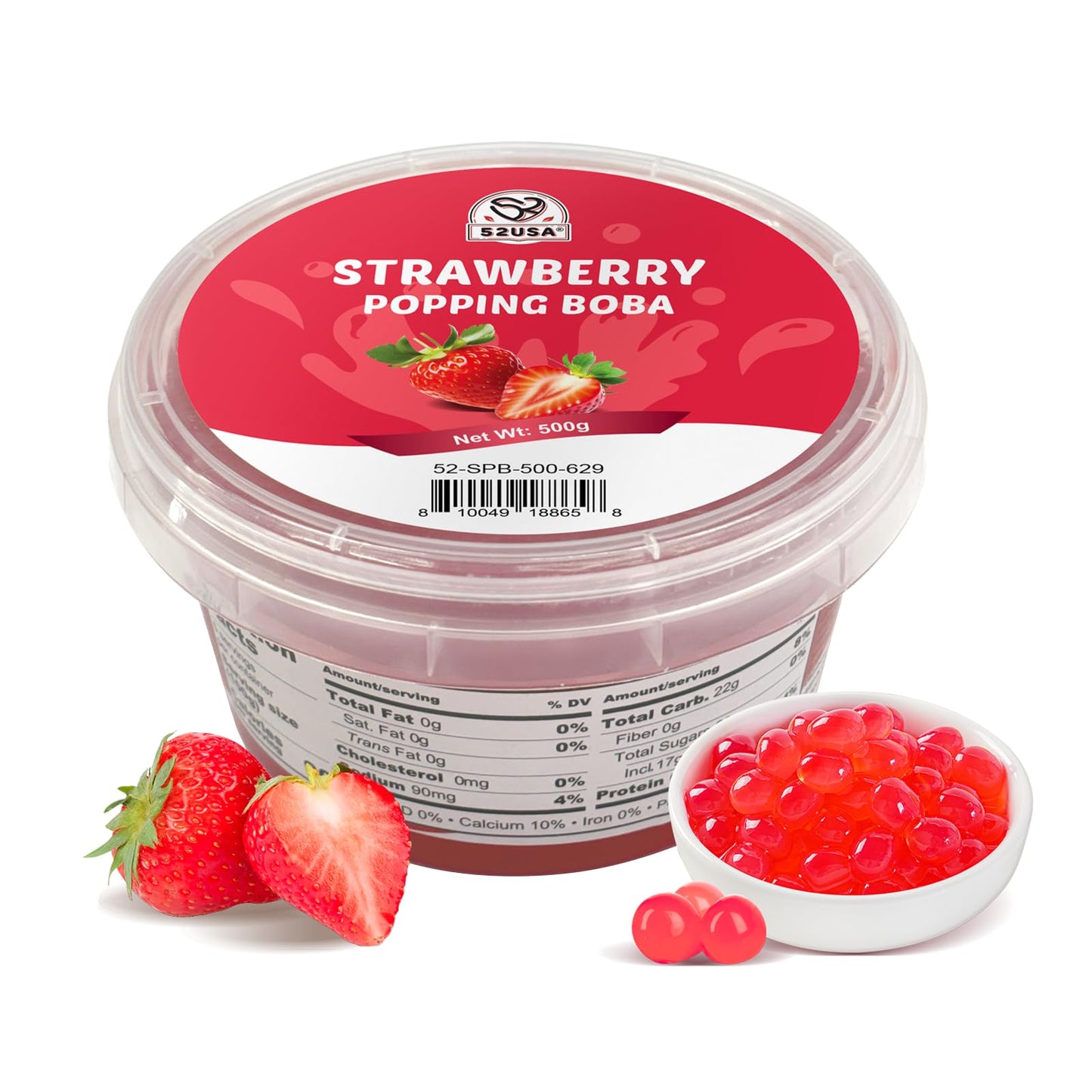 52USA Strawberry Popping Boba (500g), Popping Pearls for Bubble Tea, Beverages, Sweets, Ice Cream, Shakes, Desserts & Smoothies Topping, 1.1 Pound (Pack of 1)