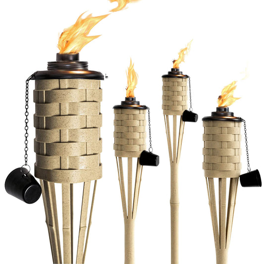 ONETHATCH Bamboo Torches, Outdoor Citronella Torch (Weathered Color, 4pack); Large Patio Torch, Great for Tropical Decor, Lighting, and Luau Party; Easy Refill Wide-Mouth Canister, Stands 60" Tall