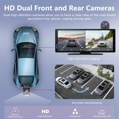 2025 Carpuride Wireless Carplay & Android Auto with Dash Cam - 10.26 Inch HD IPS Touch Car Play Screen for Car, 4K Front & 1080P Rear Camera, Loop Recording, Bluetooth Audio, Mirror Link, GPS, Siri