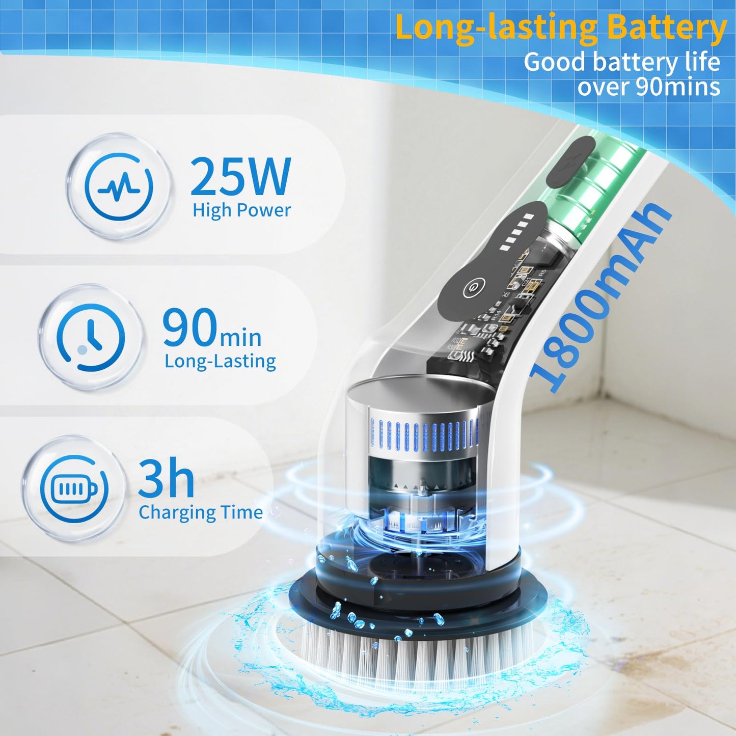 Electric Spin Scrubber, Ultimate Household Cleaning Brush with 90Min Runtime & 8 Heads & 2 Modes- 52in Electric Shower Scrubber Deep Clean for Bathroom Grout, Oven, Shower, Tile & Car, IPX6 Waterproof