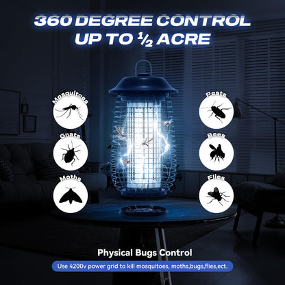 Bug Zapper Indoor & Outdoor, 4200V Electric Mosquito Zapper, 10 Years Lifespan, 6.5ft Power Cord, Waterproof, Fly Trap Mosquito Trap, Fly Killer Fly Zapper for Home, Patio, Kitchen, Backyard, Camping