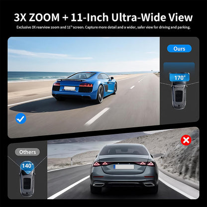 JOMISE G814 11" 4K+2.5K Rear View Mirror Camera — No WiFi/Bluetooth, Mirror Dash Cam Front and Rear, Pure Evidence Recorder, Dash Cam for Cars, 3X Zoom, 64GB Card Included
