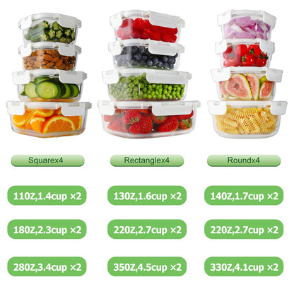 HOMBERKING 24pc Glass Food Storage Containers with Lids, Glass Meal Prep Containers with Leak Proof Snap Lock Lids, Airtight Bento Lunch Boxes, Kitchen Storage (12 lids & 12 Containers) - White