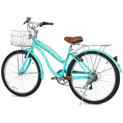 WEIZE Beach Cruiser Bike, 26 inch Commuter Bicycle for Adult Men and Women, 7-Speed/High-Carbon Steel/Front & Rear Fenders, Comfortable City Bikes with Rear Rack&Basket, Teal