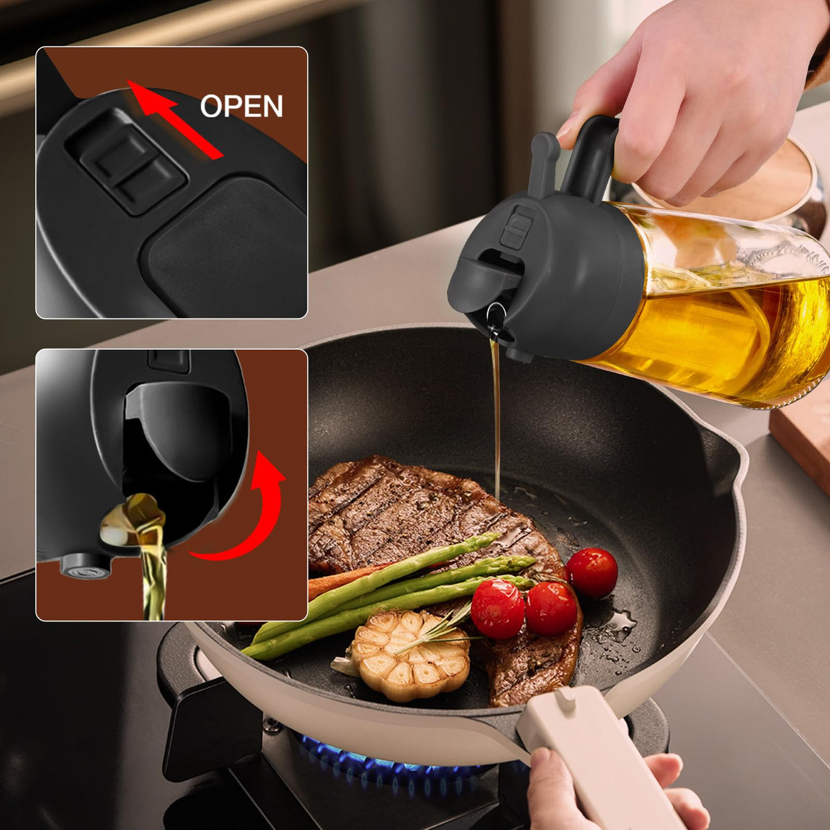 YARRAMATE Oil Sprayer for Cooking, 2 in 1 Olive Oil Dispenser Bottle for Kitchen, 16oz/470ml Premium Glass Oil Bottle, Food-grade Oil Mister for Air Fryer, Salad, Frying, BBQ (Black)