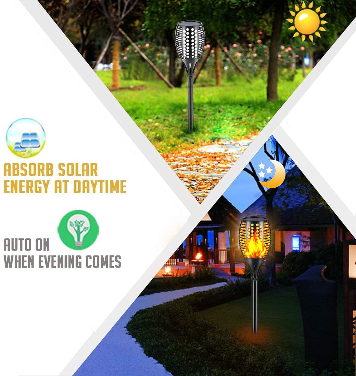 Solar Flame Light, 43’ Flashing Flame Flashlight Outdoor Waterproof Landscape Decorative Lighting Dusk to Dawn Auto On/Off Safety Flame Lights for Patio Garden Path Driveway 4 packs (Round hole flame)