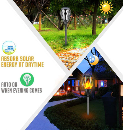 Solar Flame Light, 43’ Flashing Flame Flashlight Outdoor Waterproof Landscape Decorative Lighting Dusk to Dawn Auto On/Off Safety Flame Lights for Patio Garden Path Driveway 4 packs (Round hole flame)