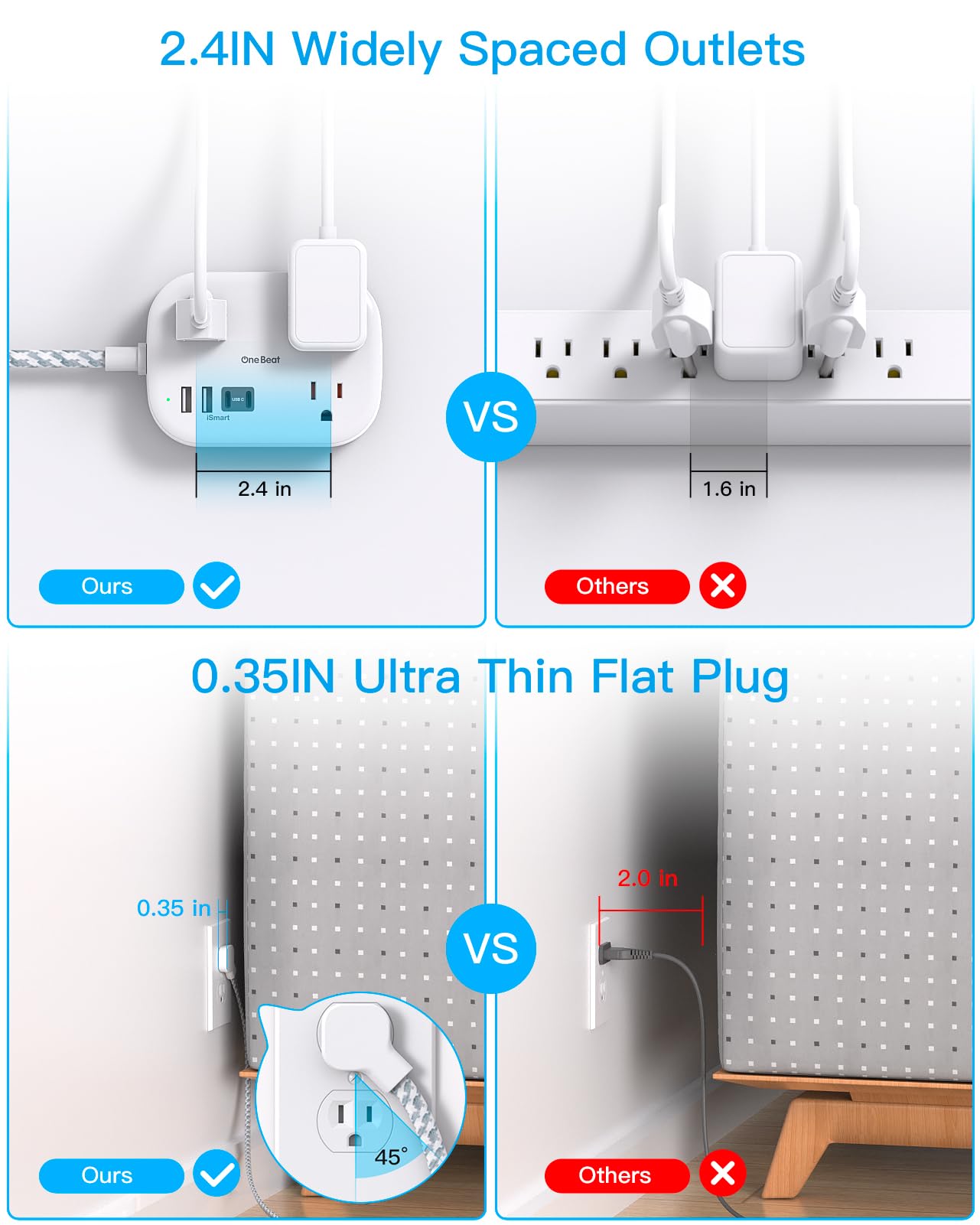 Cruise Essentials 2025,One Beat Travel Power Strip with USB C,Flat Plug Extension Cord with 3 Outlets 4 USB Ports(2 USB C),5 ft Desk Wall Outlet Extender,Non Surge Protector for Cruise,Dorm Room,ETL