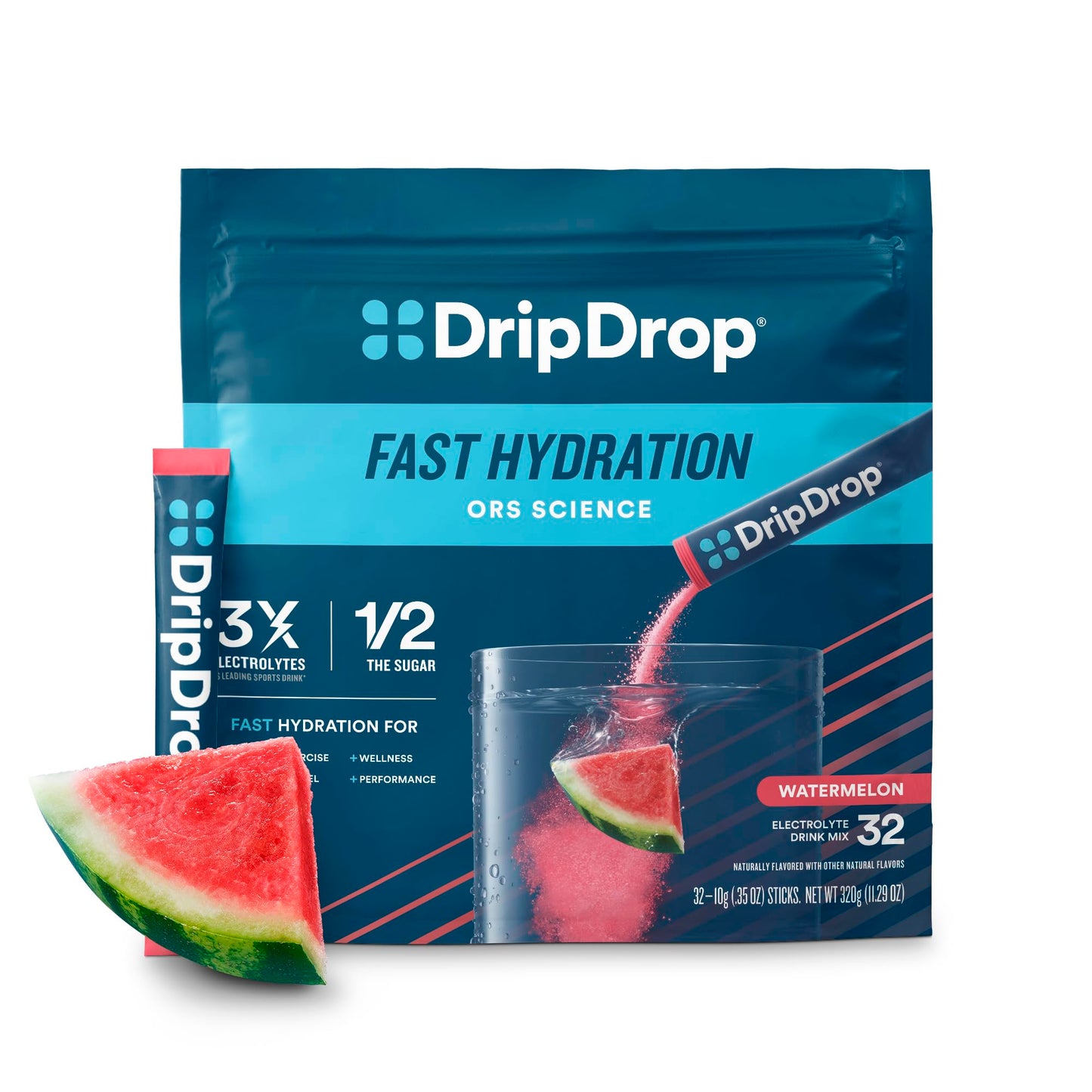 DripDrop Hydration Packets - Watermelon - Single Serve Electrolytes Powder Drink Mix - Non-GMO, Gluten Free, Vegan - 32 Sticks