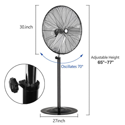 BILT HARD 8900 CFM 30" High-Velocity Industrial Pedestal Fan, 3-Speed Heavy Duty Industrial Standing Fan with Metal Aluminum Blades and Adjustable Height, Idea for Commercial, Shop, and Garage