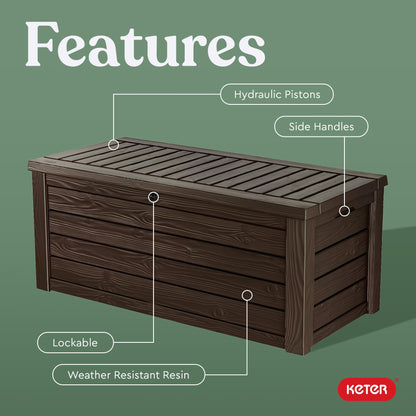 Keter Outdoor Storage Deck Box, 150 Gallon Resin Patio Bin & Bench, Wood Grain, Brown