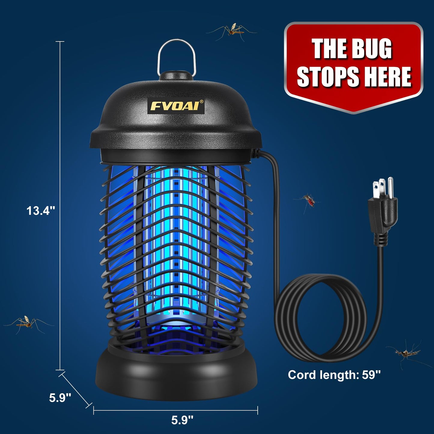 FVOAI Bug Zapper Outdoor, Mosquito Zapper, Fly Zapper, Insect Zapper Electric Fly Traps for 1/2 Acre, Indoor Outdoor Use with 3 Prong Plug-in,4200V, ABS Plastic Outer, Black