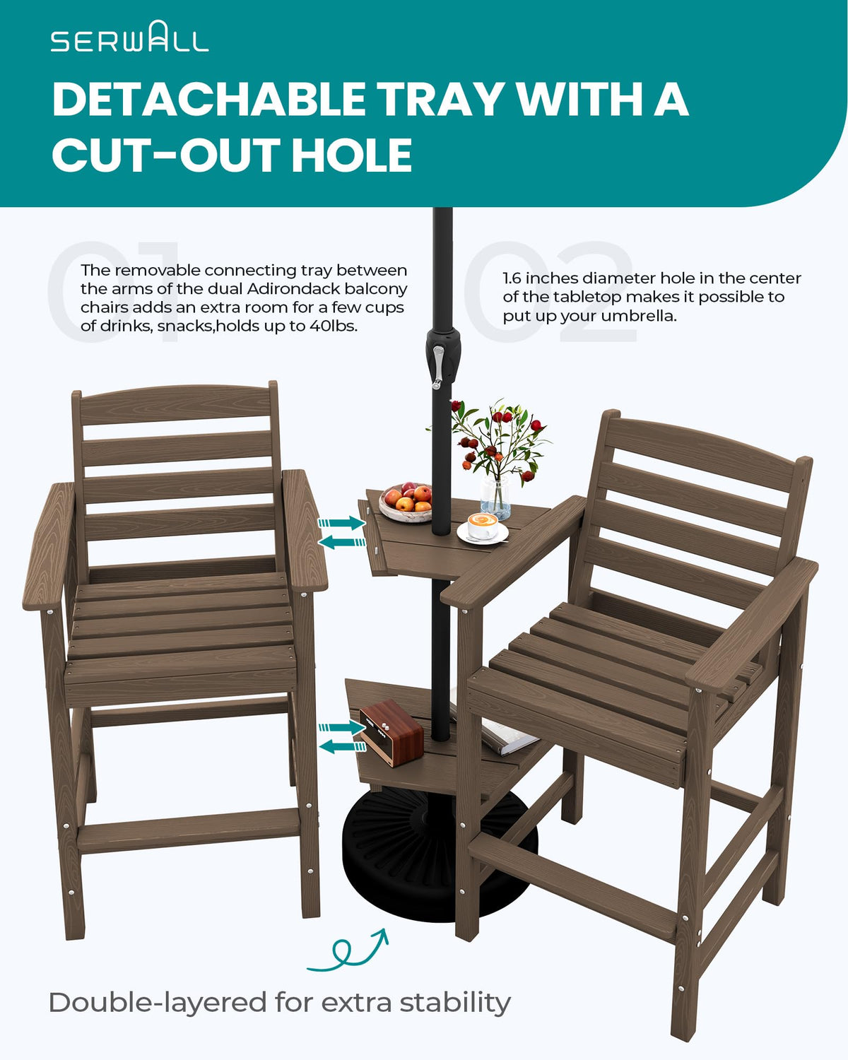 SERWALL Tall Adirondack Chairs Set of 2 with Connecting Table, Coffee