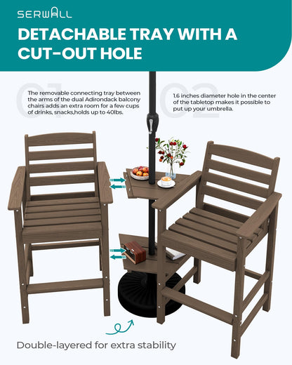 SERWALL Tall Adirondack Chairs Set of 2 with Connecting Table, Coffee