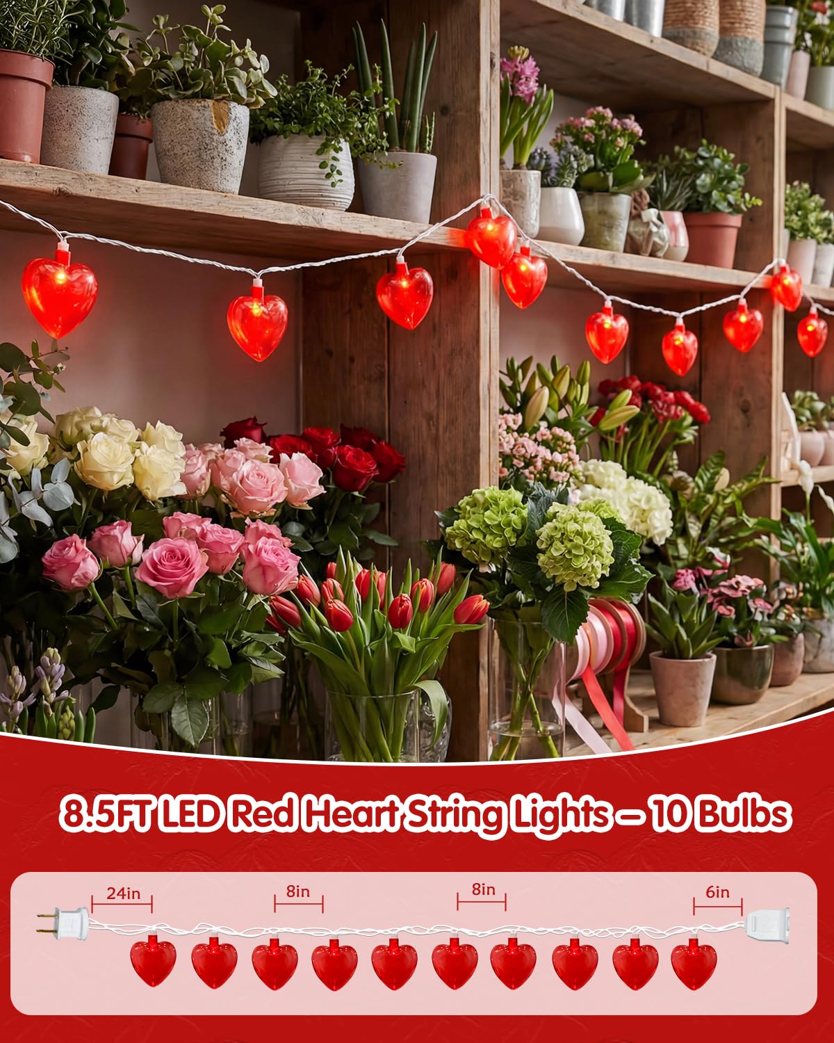 SUNSGNE 8.5Ft Red Heart String Lights, Valentines Lights with 10 LED Red Heart Bulbs for Valentine Mother's Day Wedding Anniversary Party Christmas Decor