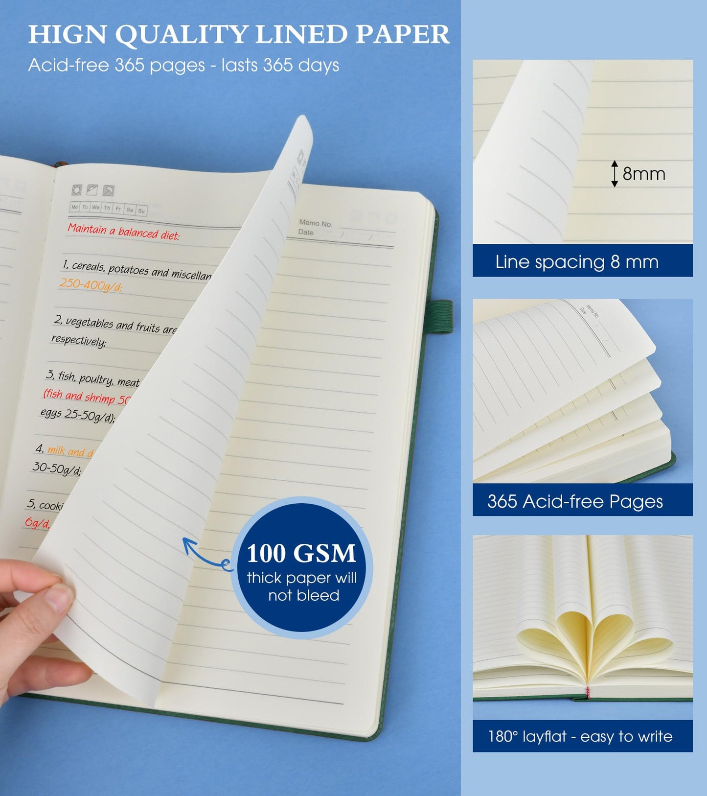 PERCUN B5 Lined Journal Notebook - 365 Page Large Leather Journals for Writing Women Men，Hardcover Notebook with 100Gsm Thick Pages，Daily Diary for Travel, Work，School，College Ruled (7.6" x 10.3")