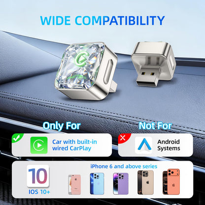 Wireless Apple CarPlay Adapter, 5.8G Quad-Core Chip No Latency, Aerospace Silicone Cooling, Zn-Alloy & Diamond Panel, Plug & Play Wired to Wireless CarPlay Adapter