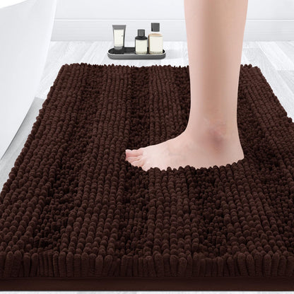 ACCUMTEK Striped Brown Bathroom Rug Mat 32"x20" Ultra Soft, Non Slip Chenille Bath Rugs, Absorbent Plush Shaggy Bath Mats for Bathroom, Bedroom, Kitchen, Shower, Tub