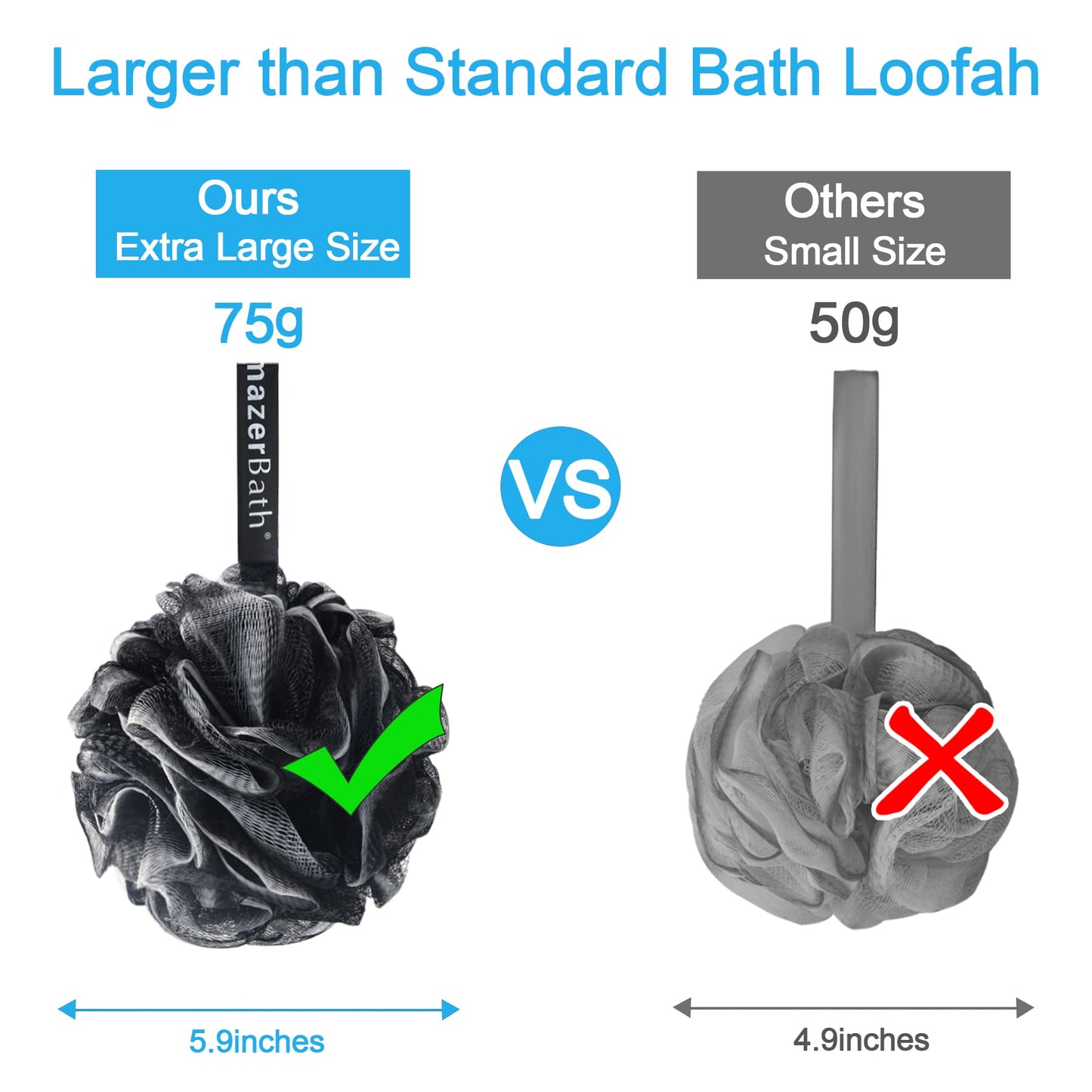 AmazerBath Loofah Sponge 75g/Piece, Loofah for Men Body Scrubber - Bath Sponge Loofa Set of 4 Black (Large)