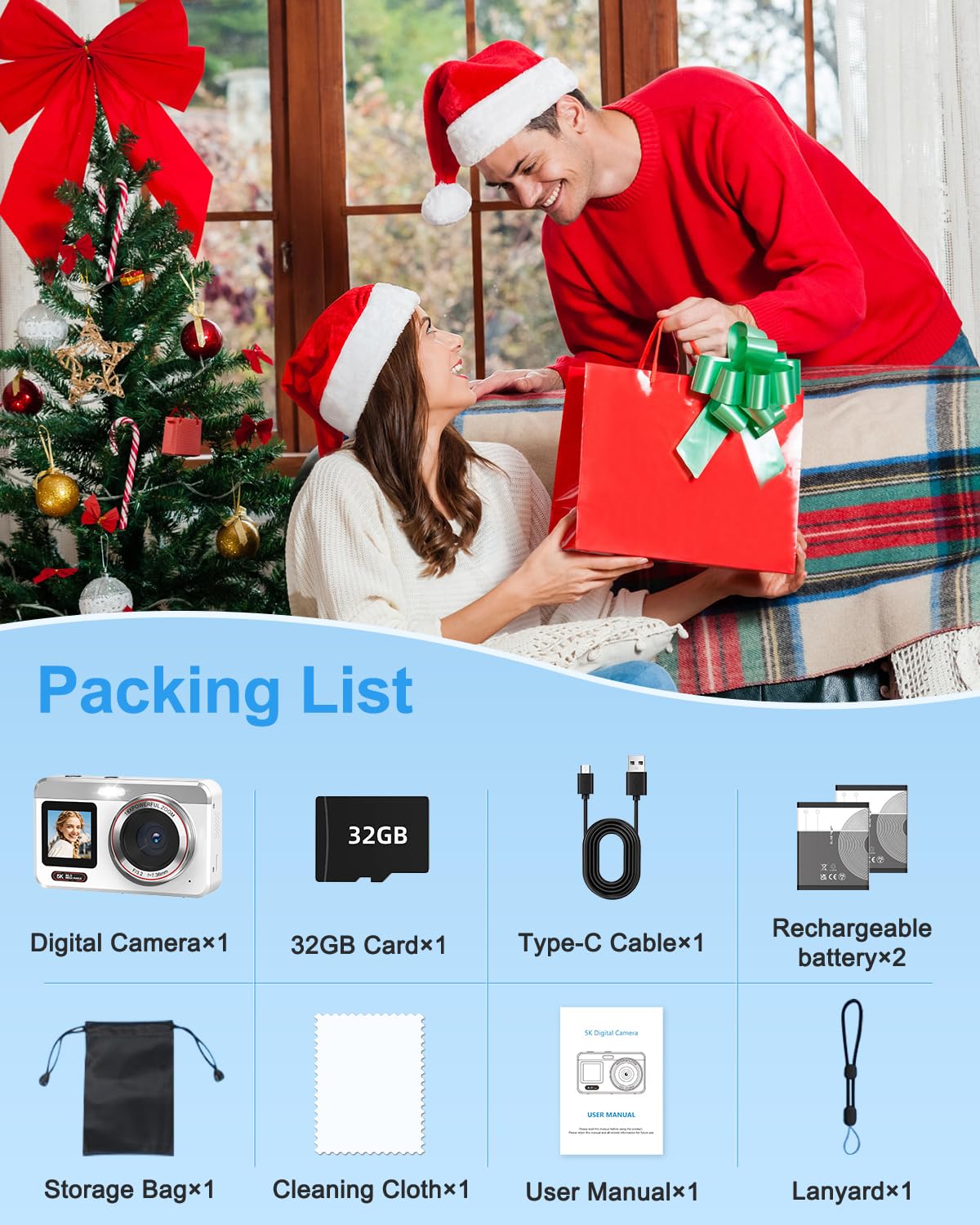 Hoorola 5K Digital Camera, 80MP Dual Screen Autofocus Vlogging Camera, 18X Zoom Point and Shoot Camera for Photography, Flash, 32GB Card, 2 Batteries, Compact Camera for Teens Adults (White)